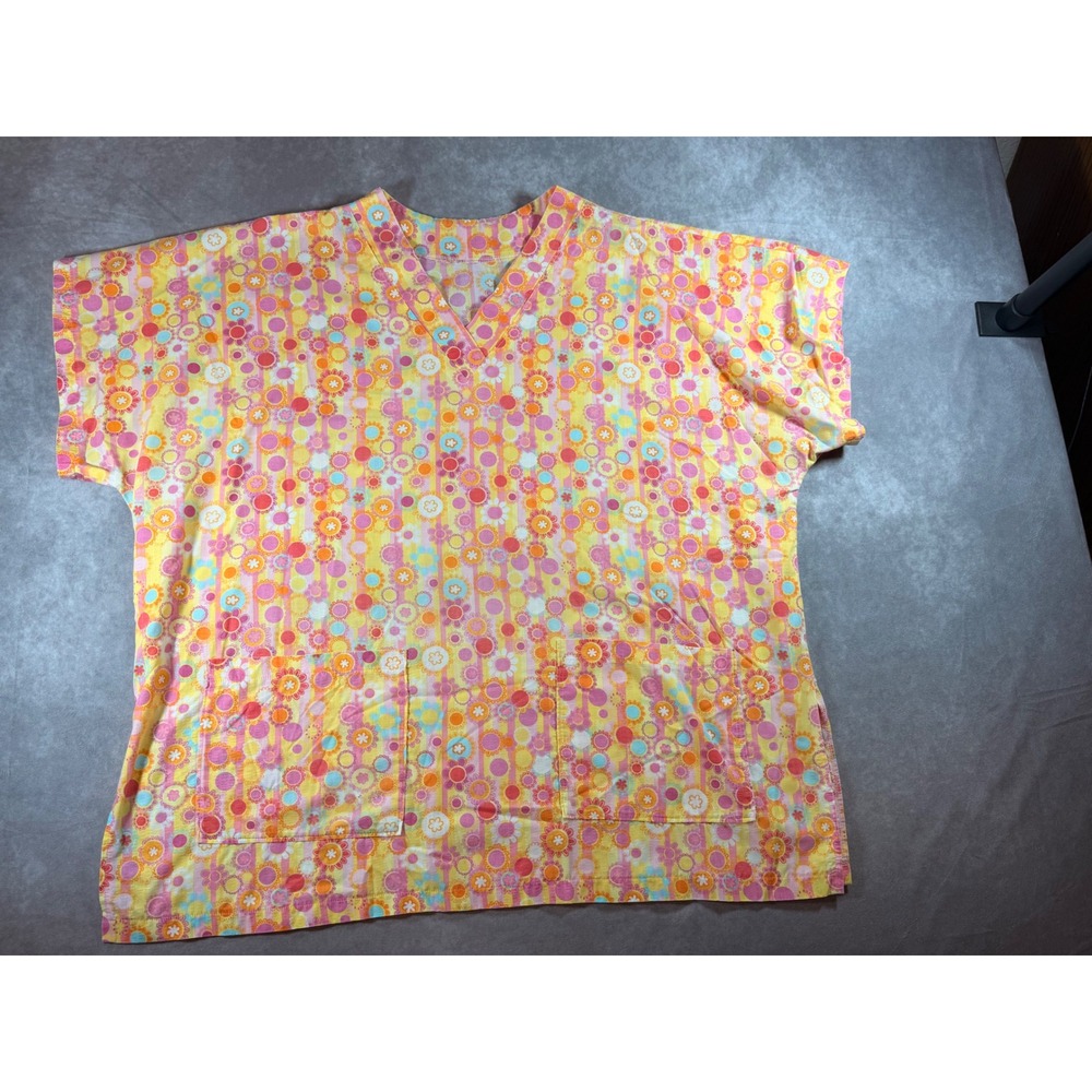 Floral Stripe Scrub Top V-Neck Short Sleeve Yellow Pink Orange XL